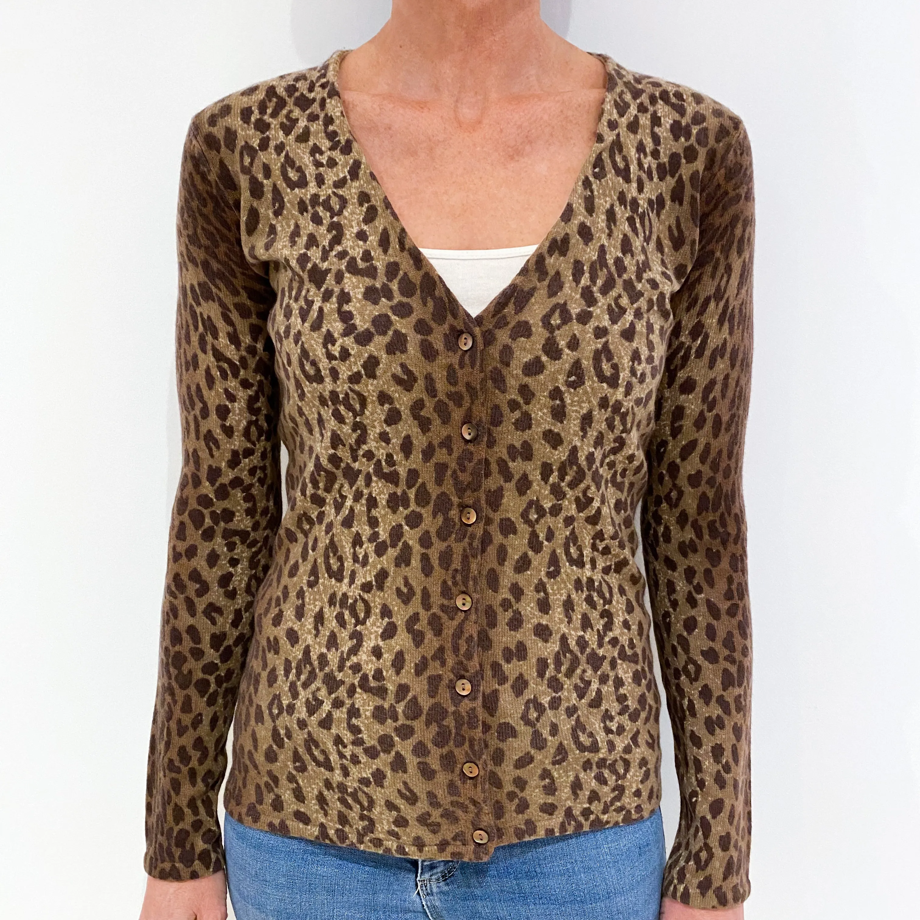 Animal Print Cashmere Deep V-Neck Cardigan Small
