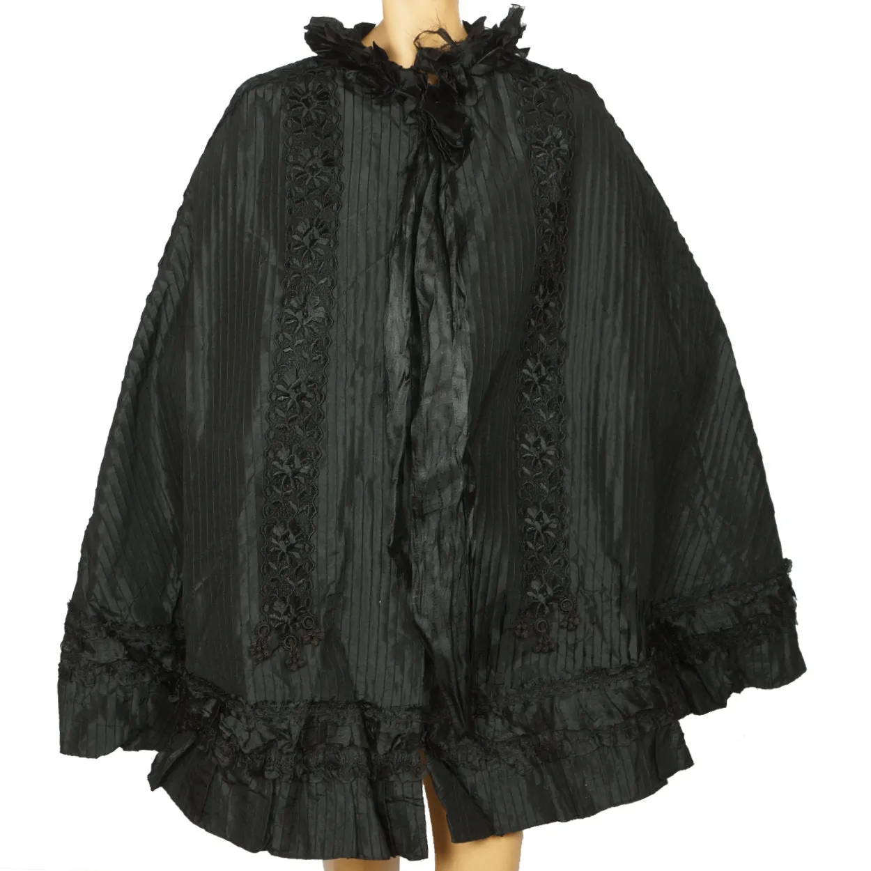 Antique Victorian Mourning Cape Black Silk Hip Cloak with Lace Ribbon Decoration
