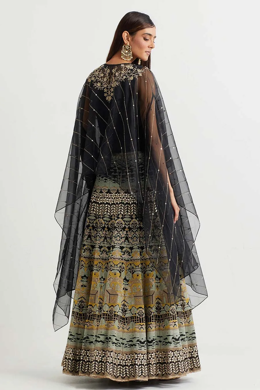 Black Embroidered Cape & Cross Stitch Skirt Set