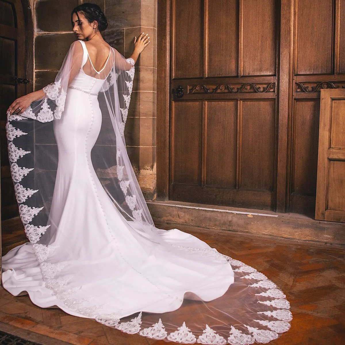 Bridal Cape Ivory Tulle with Beaded Lace Edge Full Length PBC3003