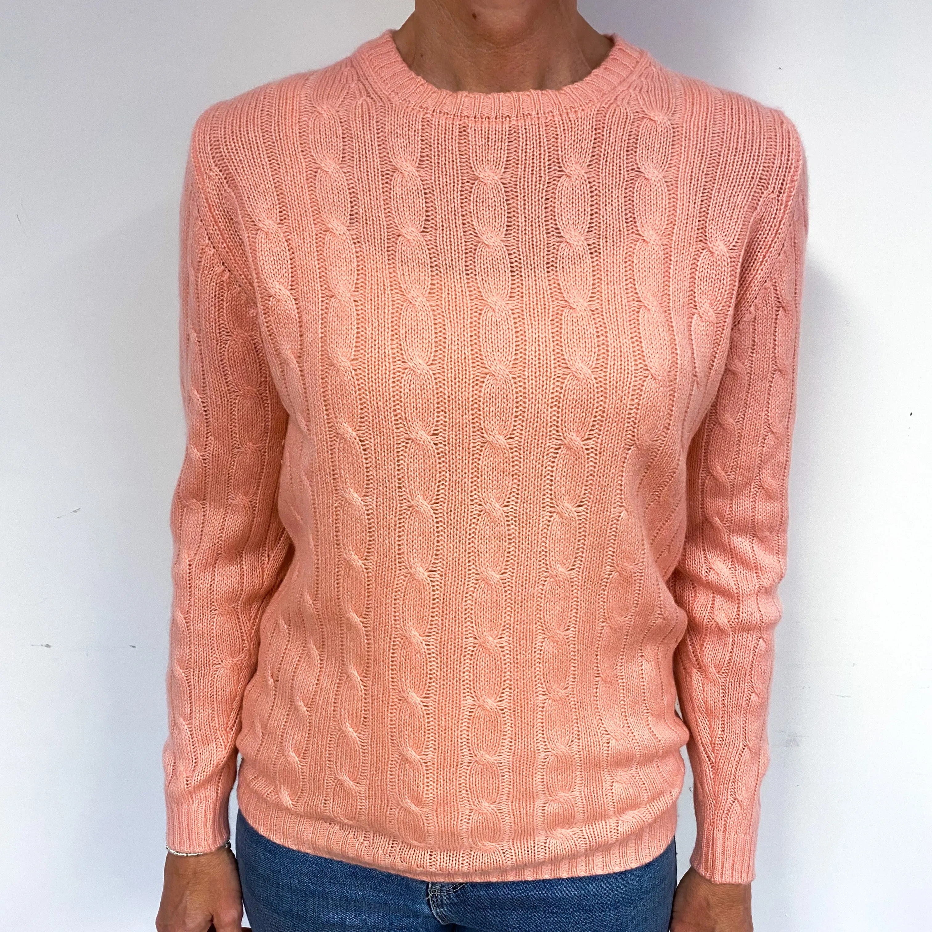 Flamingo Pink Cable Cashmere Crew Neck Jumper Medium