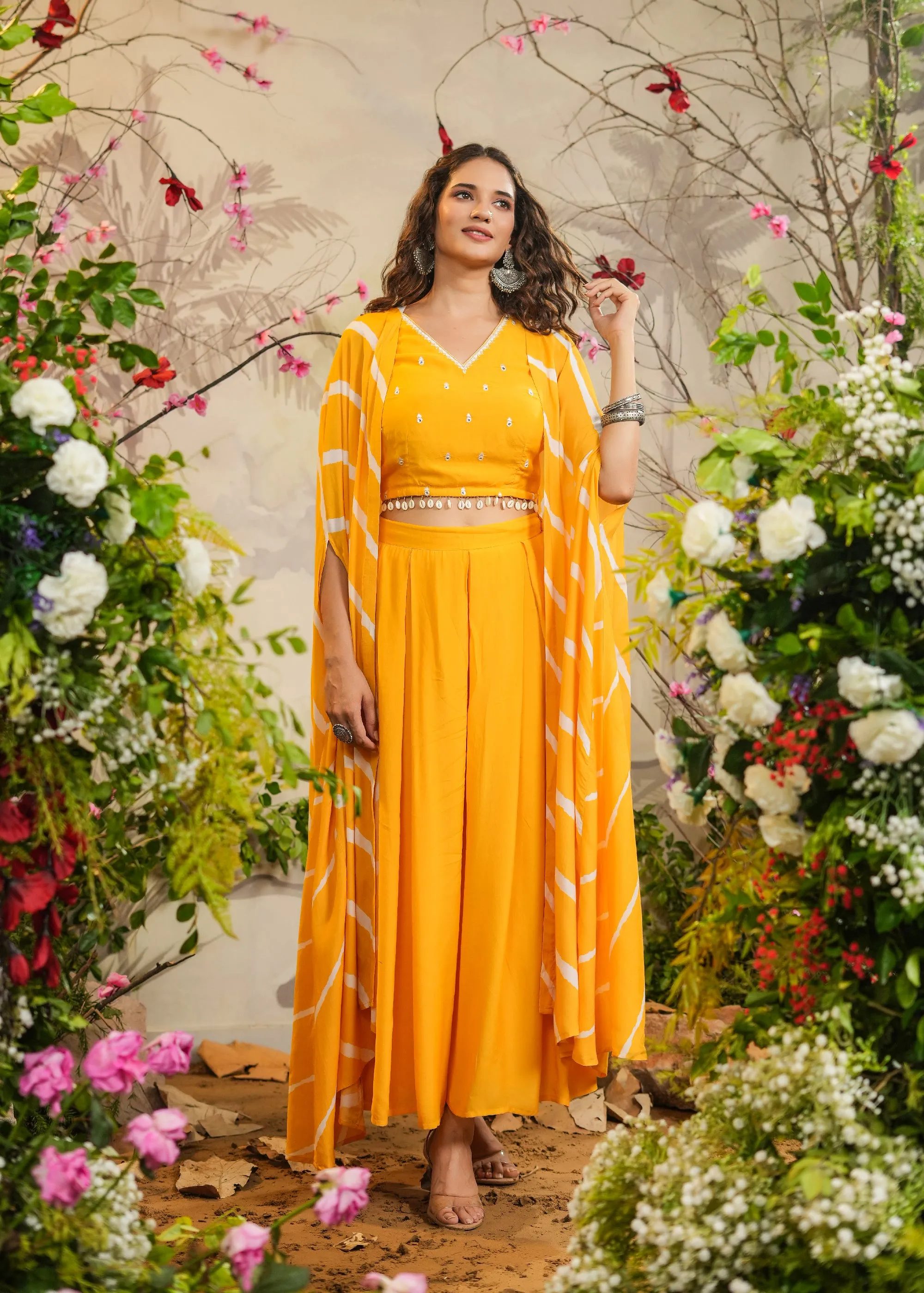 Ilahi Yellow Solid Palazzo With Top & Lehariya Cape