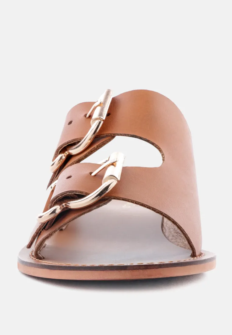 KELLY Tan Flat Sandal with Buckle Straps