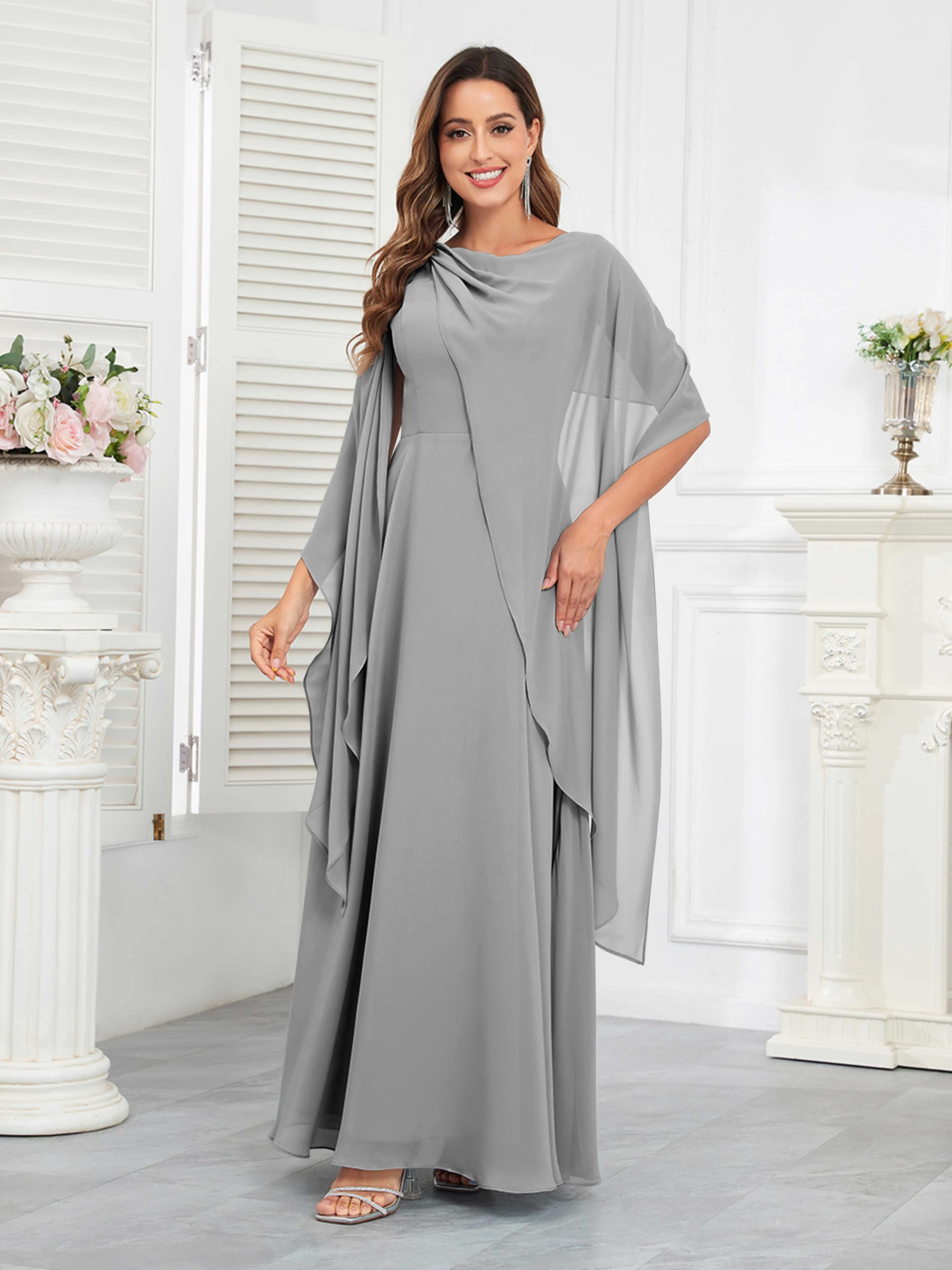 Kennedi Modest A-Line Scoop Cape Sleeves Long Chiffon Mother of the Bride & Groom Dresses