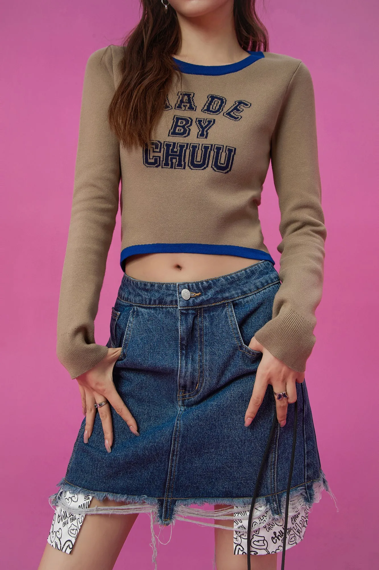 Line Color Combination Crop Knit Top