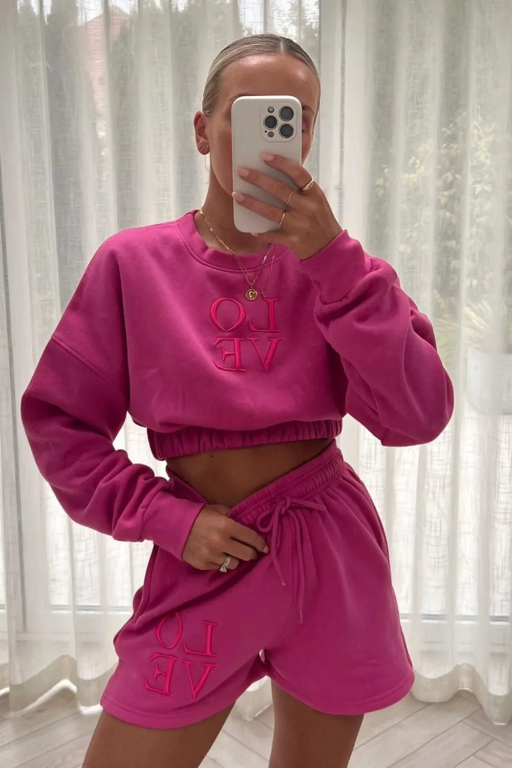 LOVE hot pink embroidered cropped  short loungewear set