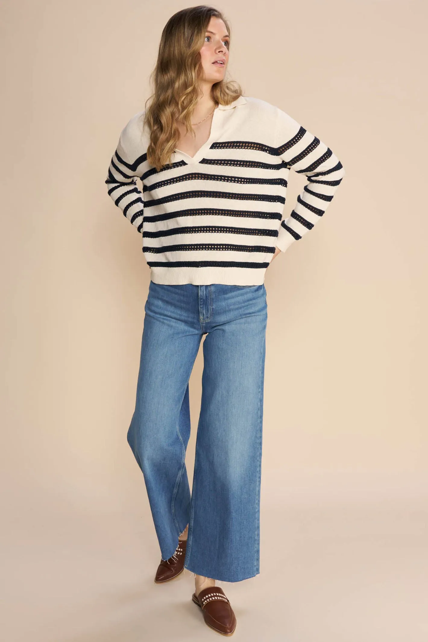 Mos Mosh 158880 MMRora Ecru Cream Striped V-Neck Jumper
