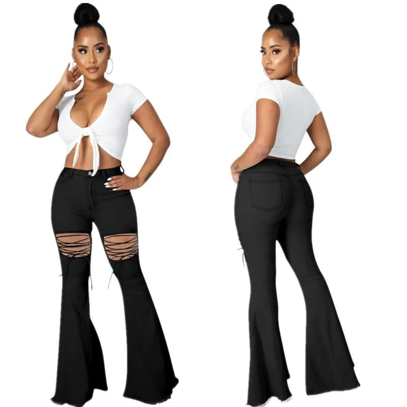 Solid Color Casual Wash Bandage Denim Flared Pants