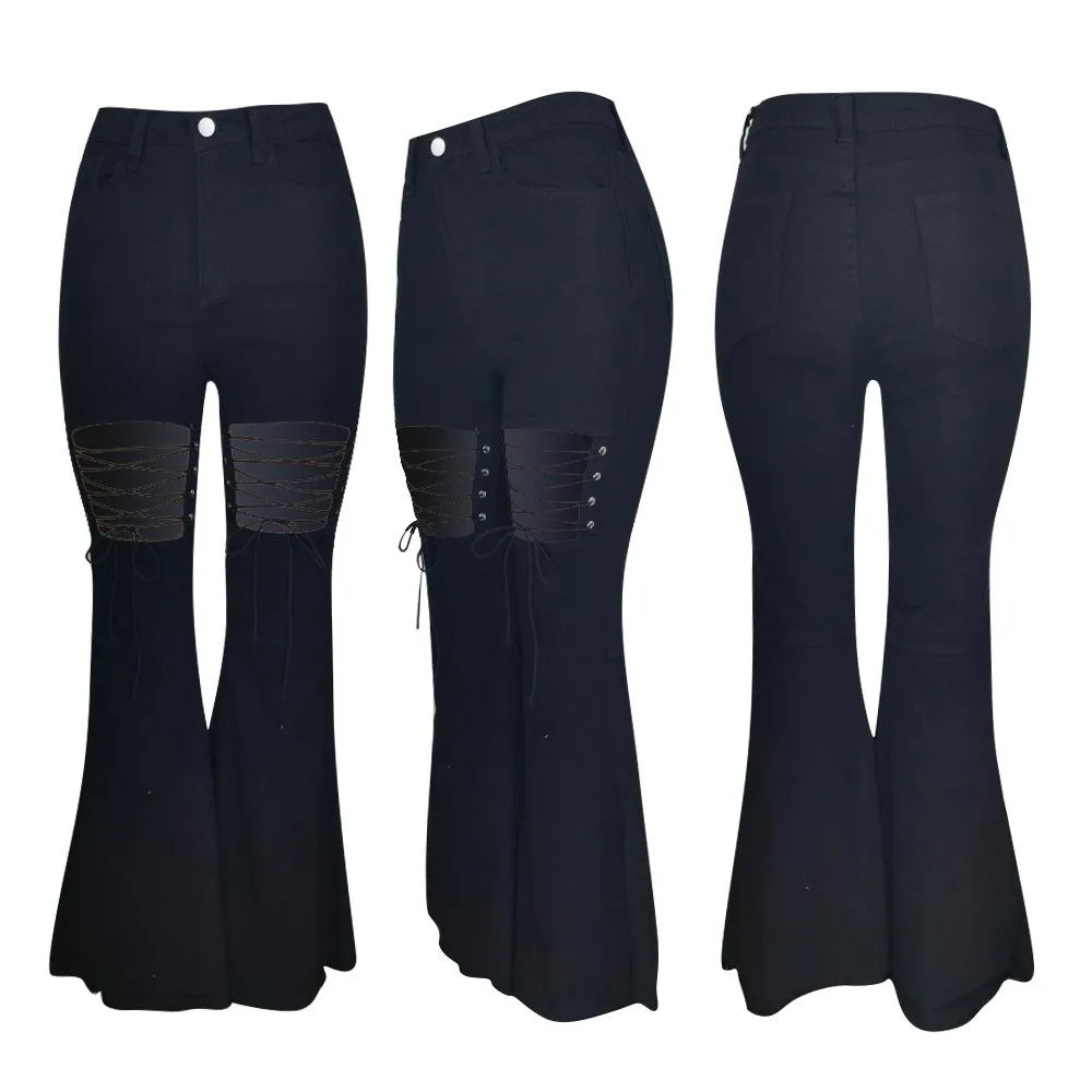 Solid Color Casual Wash Bandage Denim Flared Pants